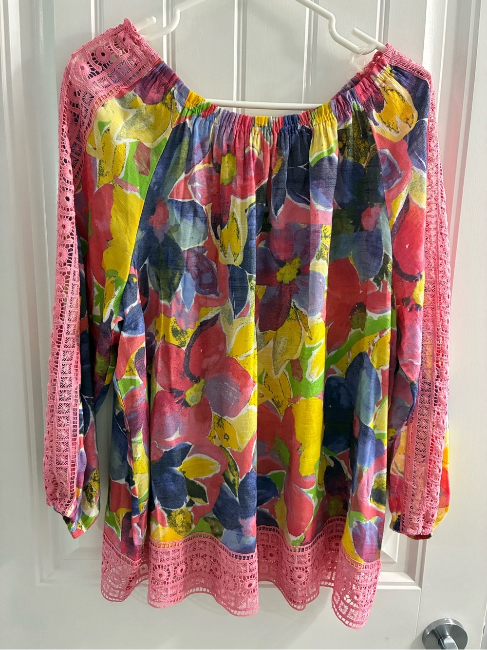 Hope & Harlow Bright Pink Floral Off-Shoulder Top with Lace Trim